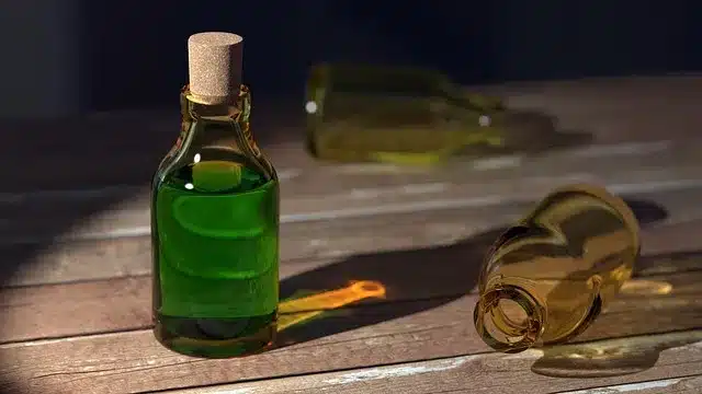 Methyl salicylate oil in a small glass bottle